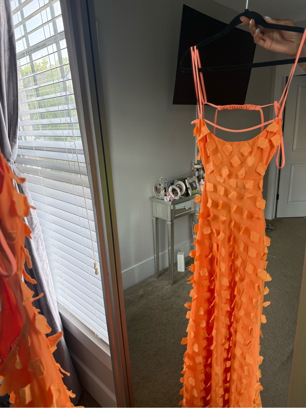 Elegant Peach Appliqué Maxi Dress with Spaghetti Straps - Picture 5 of 10